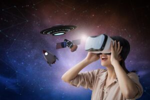 Woman using VR headset, experiencing a cosmic environment with floating spacecraft and a UFO against a starry sky.