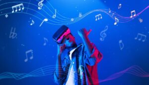 Person wearing VR headset dancing with floating musical notes on a blue background.