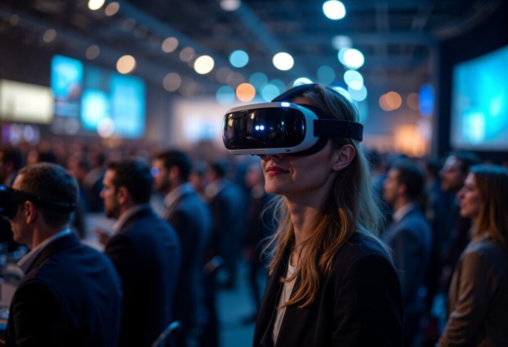 Woman wearing virtual reality headset at a crowded tech event, focusing intently, surrounded by other attendees.