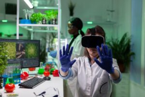 A scientist wearing VR goggles and gloves interacts with virtual data in a modern laboratory setting.