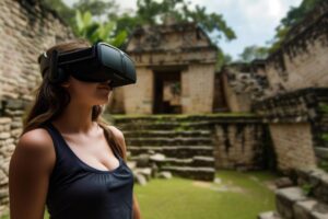 Woman wearing a VR headset in front of ancient stone ruins in a lush setting.